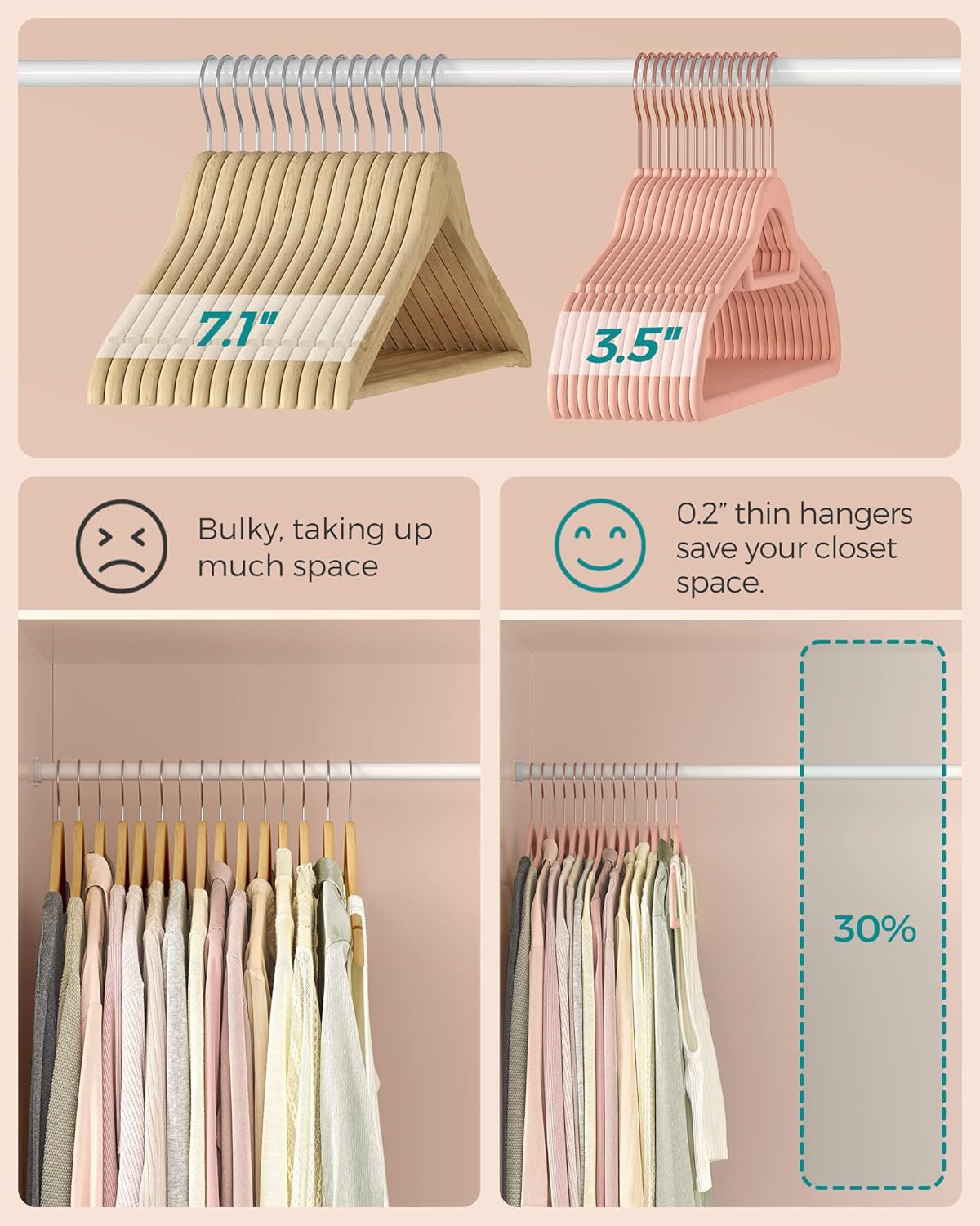 SONGMICS Velvet Hangers - Non-Slip Space-Saving Clothes Hangers with Rose Gold Swivel Hook | Set of 50, Coral Pink, 17.1-Inch