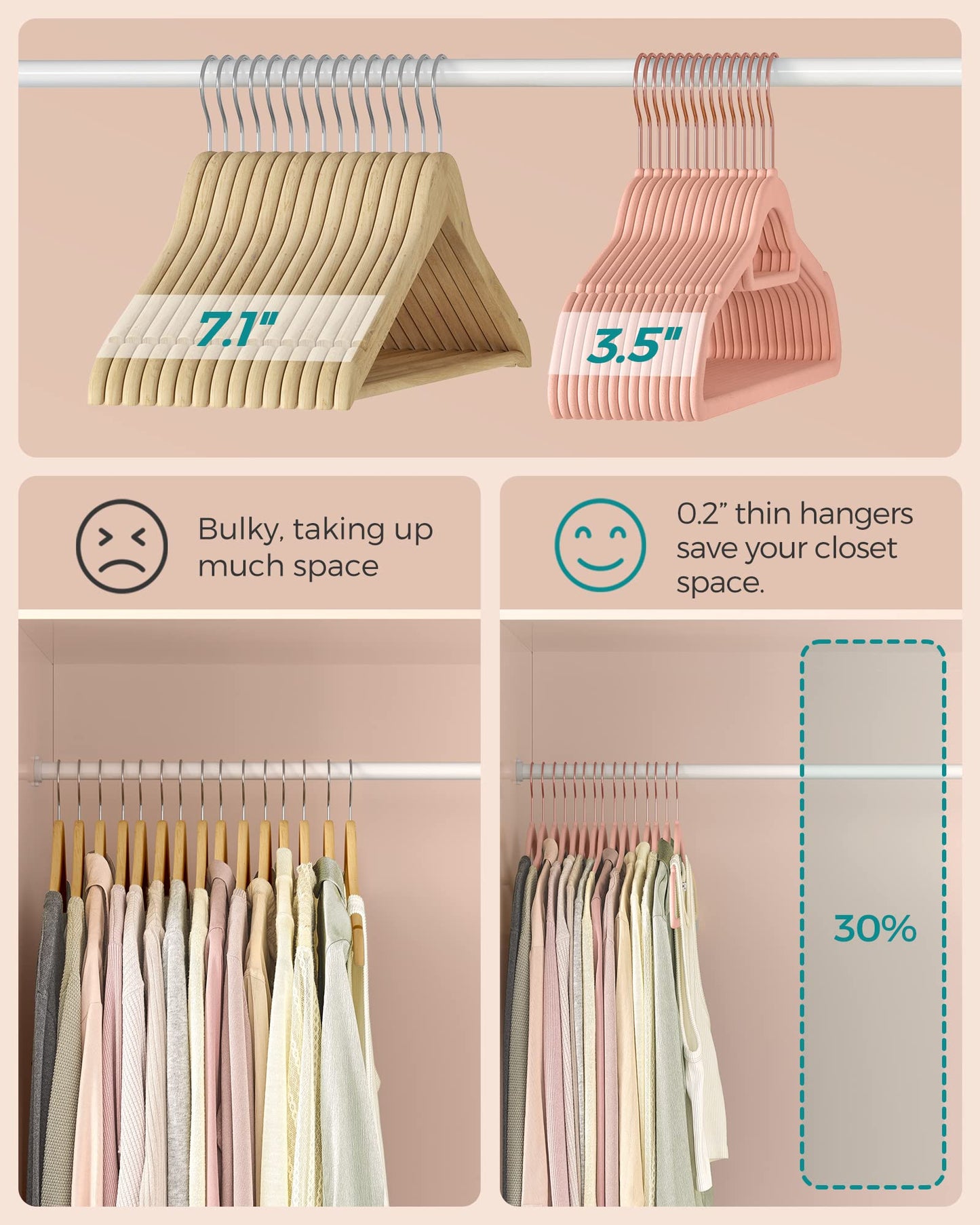 SONGMICS Velvet Hangers, Set of 50 Clothes Hanger with Rose Gold Swivel Hook, Non-Slip, and Space-Saving, 0.2-Inch Thick, 17.1-Inch Long for Coat, Shirt, Dress, Pants, Tie, Coral Pink UCRF21PK50