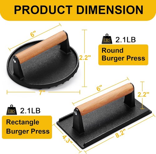 AIVIKI Burger Press - Heavy Duty Cast Iron Smash Press for Griddle | 6.9" Round & 8.2"x4.2" Rectangular