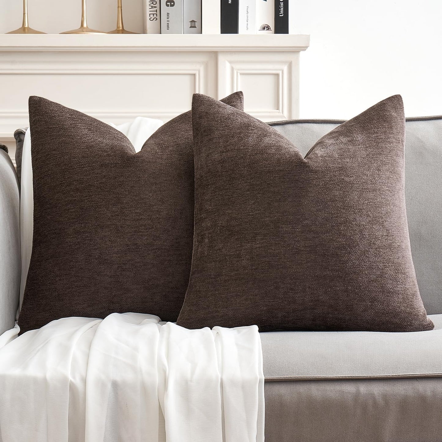MIULEE Decorative Pillow Covers - Soft Chenille Farmhouse Cushions | Pack of 2, 18x18 Inch, Dark Brown