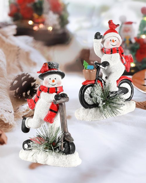 iStatue Snowman Figurines - Set of 2 Glittery 7'' Tall Resin Statues | Winter & Christmas Decor