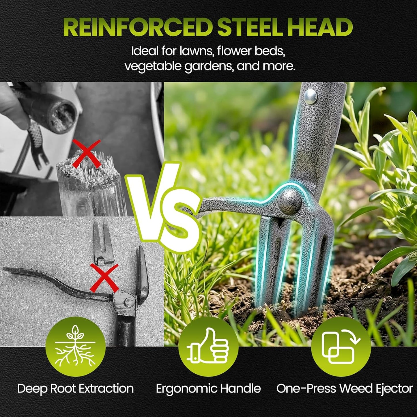 Skiennix Stand Up Weed Puller Tool - Durable 4 Claw Steel Head for Effortless Weeding | Long Handle Design