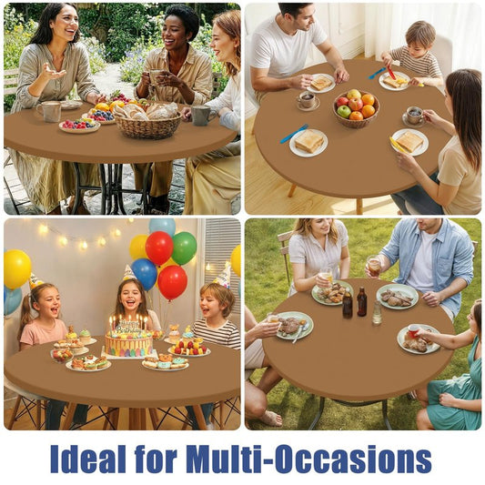 Moosfor Round Spandex Tablecloth, Elastic Fitted Waterproof Tablecloths for 31"-35" Tables, Stretch Washable Picnic Table Cover for Camping, Dining, Indoor and Outdoor,Brown