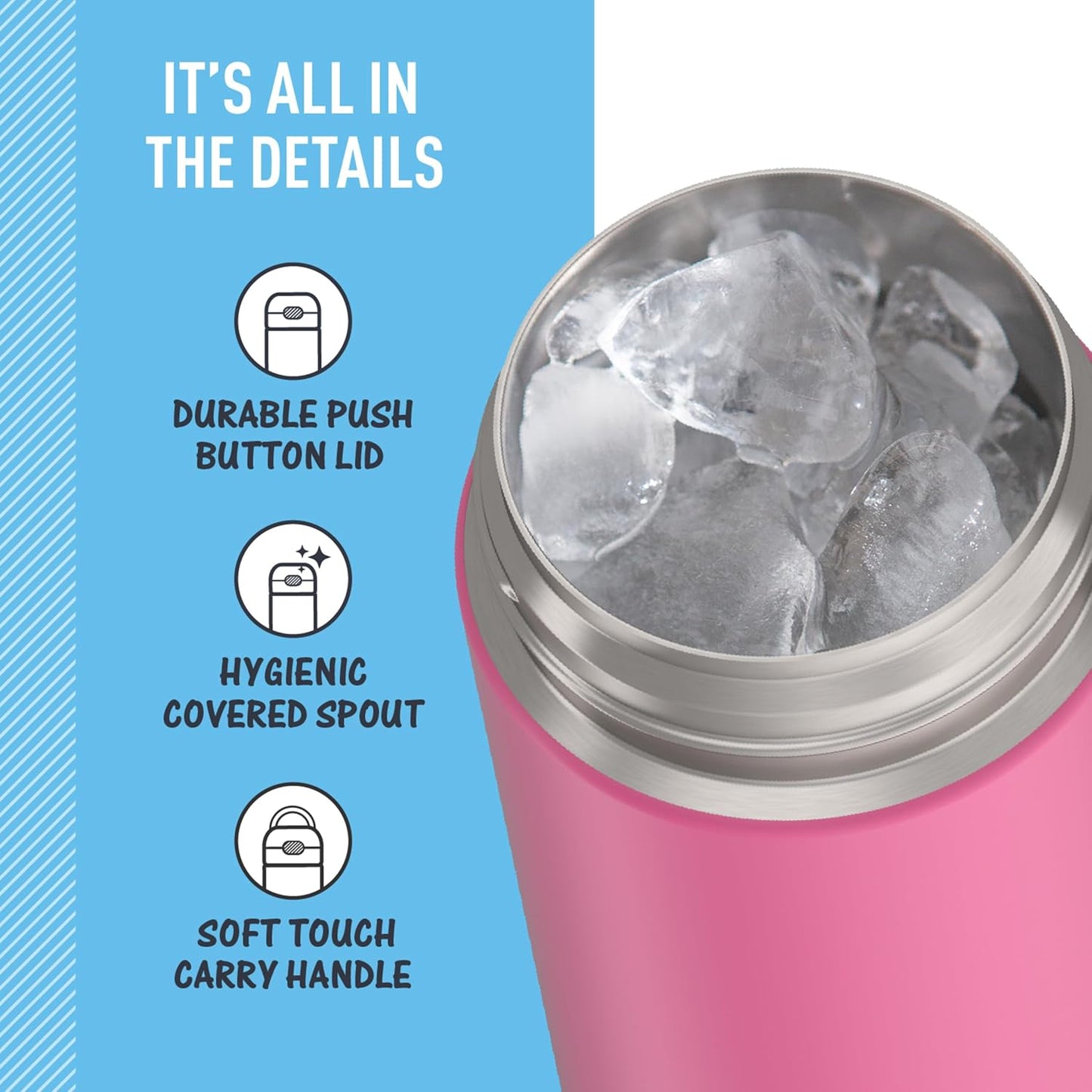 THERMOS FUNTAINER 16 Ounce Vacuum Insulated Stainless Steel Bottle - Wide Spout Lid, Neon Pink