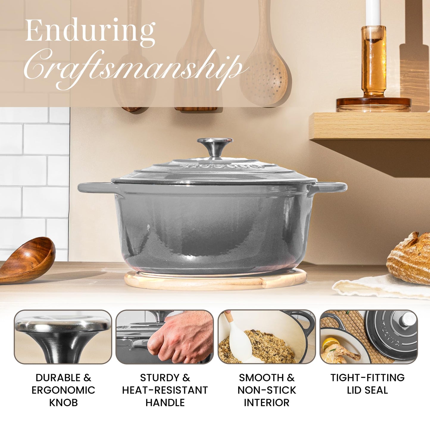 Nuovva Enamelled Cast Iron Dutch Oven Pot with Lid – 6.4 Quart Non Stick Casserole Pot – Heavy Duty & Oven Safe up to 500° F for Bread Baking, Braising, Stews, Roasting – 28cm Grey
