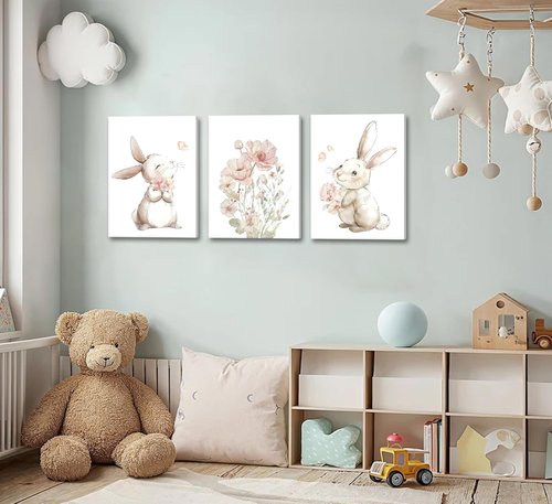 Grengel Bunny Canvas Wall Art - Cute Rabbit & Wildflowers Painting for Nursery | Baby Room Decor