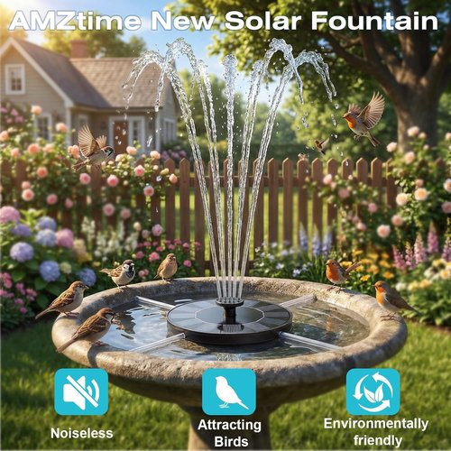 AMZtime Solar Bird Bath Fountain - 1.4W Solar Powered Pump with Upgraded Panels | Ideal for Ponds & Gardens