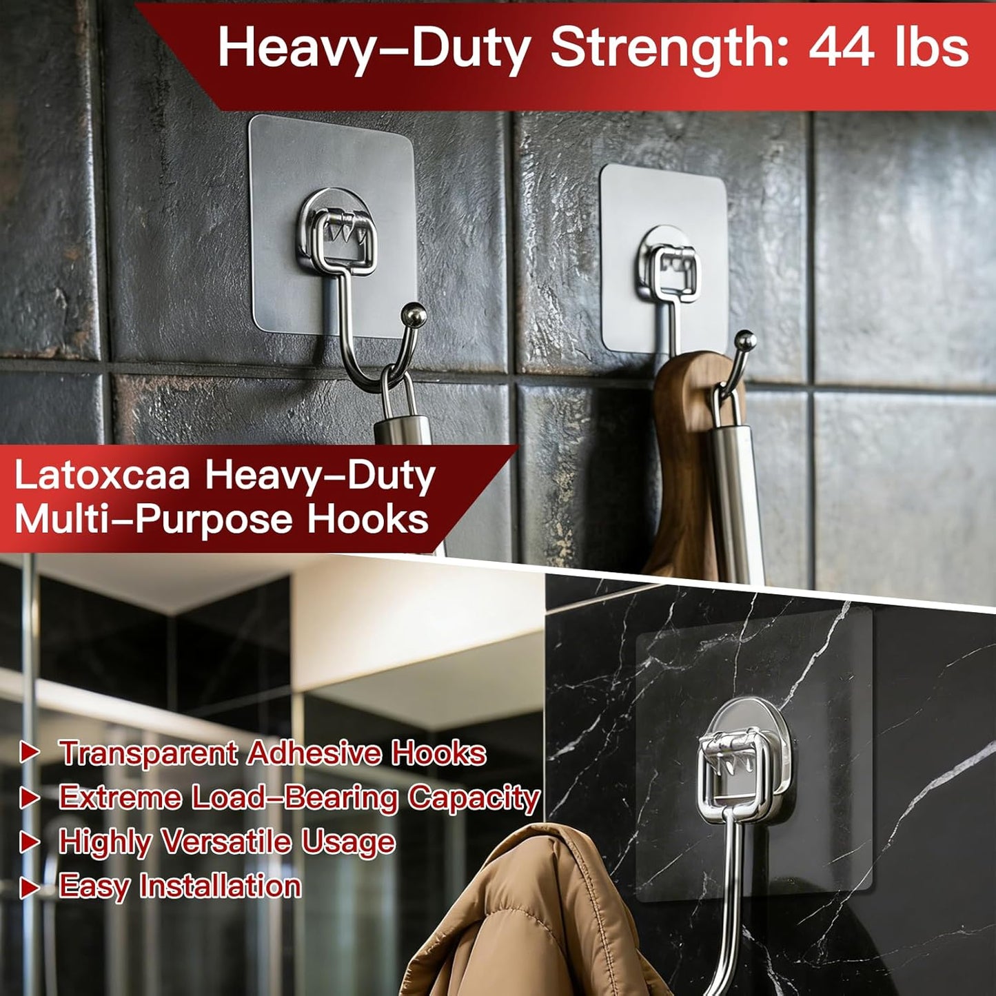 Latoxcaa Heavy-Duty Adhesive Hooks - 8-Pack Waterproof Transparent Utility Hooks for Home Improvement