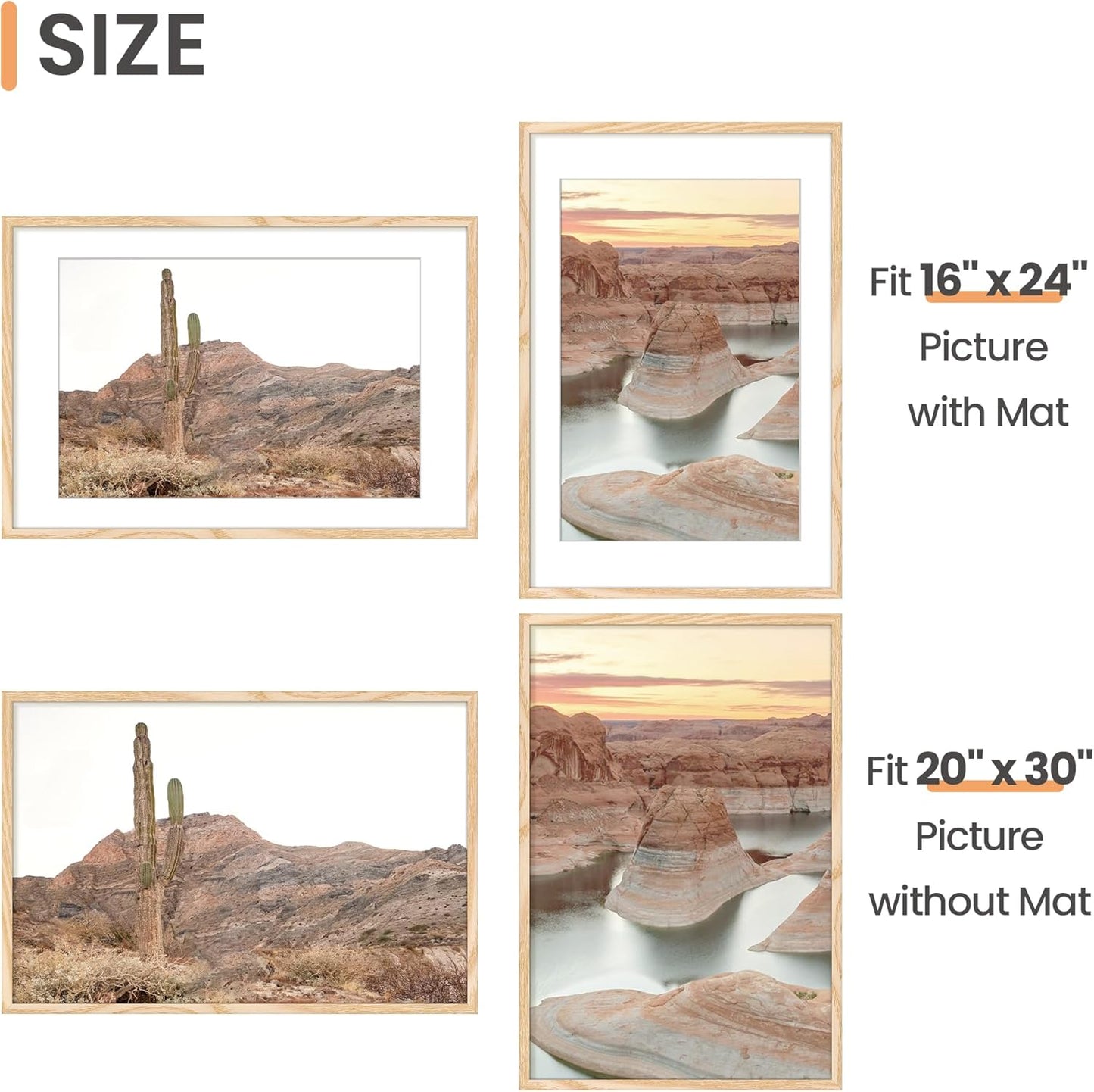 Upsimples 20x30 Poster Frame - Display 16x24 Pictures with Mat or 20x30 Without Mat, Natural Finish