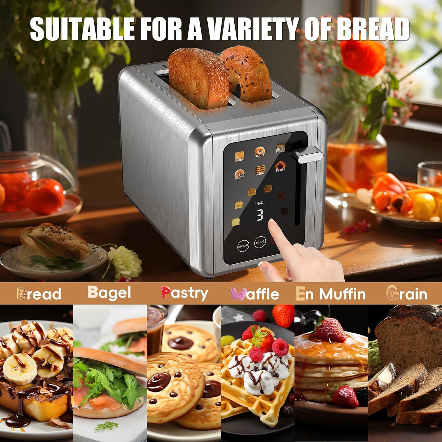 WUNLY 2-Slice Toaster - Touchscreen Control & Digital Countdown Timer - 6 Shade Settings, Titanium