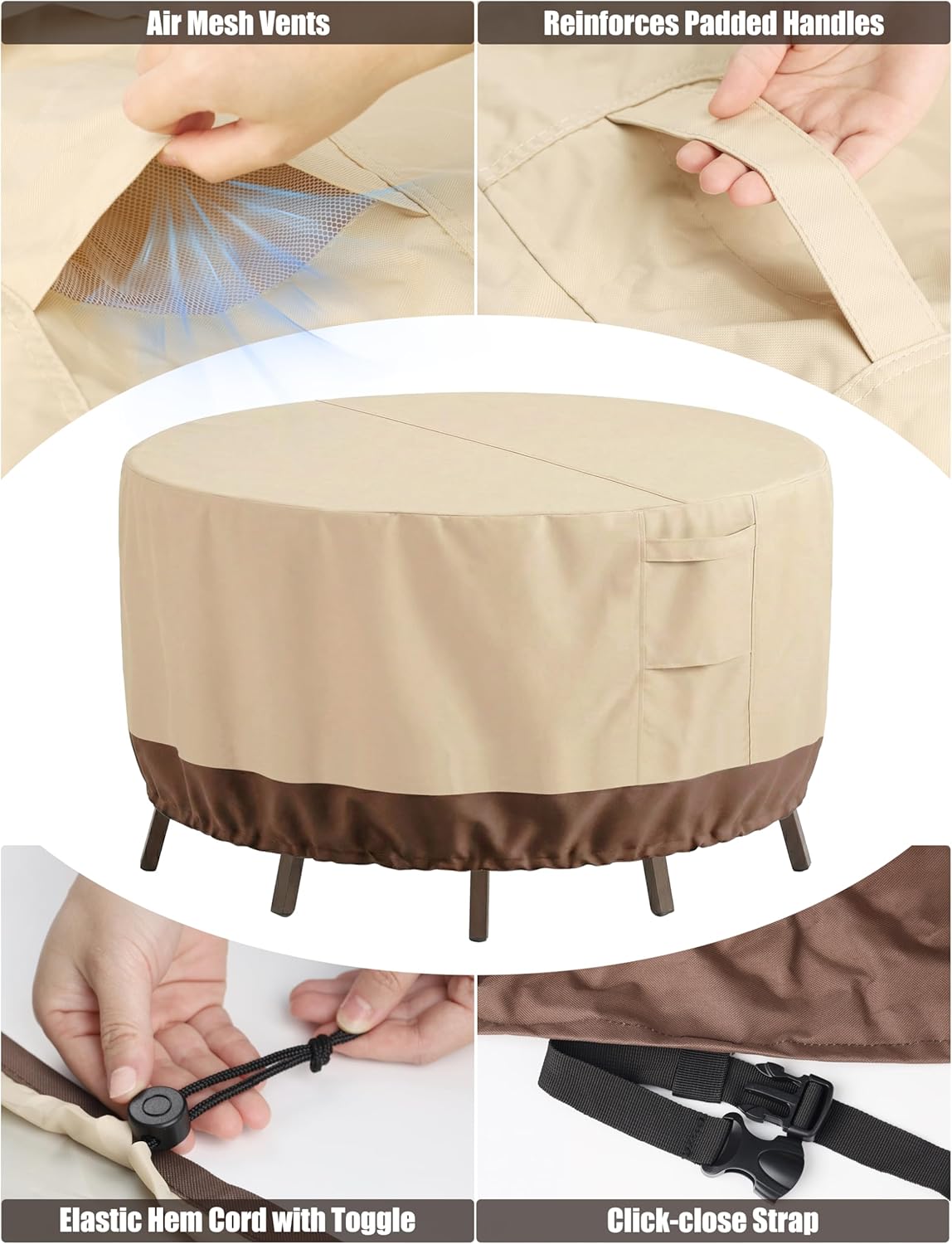 Vailge Outdoor Furniture Covers - Waterproof & Windproof 600D Oxford | Round Beige & Brown, 84" DIA x 28" H