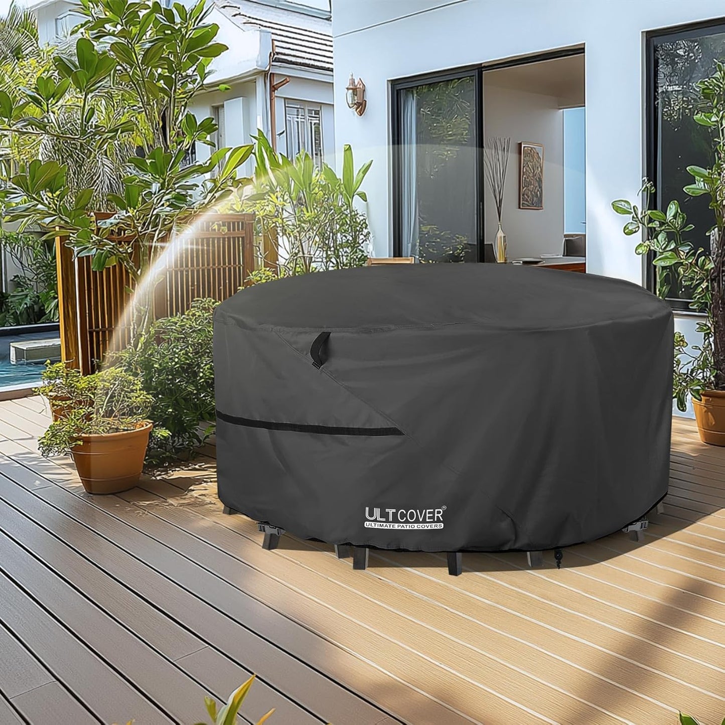 ULTCOVER Round Patio Furniture Cover - Waterproof 60-Inch Table & Chair Set Cover, Black