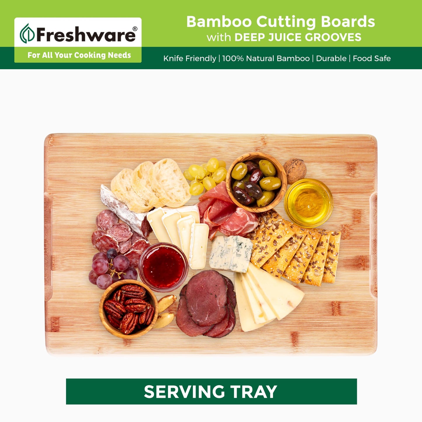 Freshware Freshware Bamboo Cutting Boards for Kitchen with Juice Groove [Set of 2] Wood Cutting Board for Chopping Meat, Vegetables, Fruits, Cheese, Knife Friendly Serving Tray with Handles