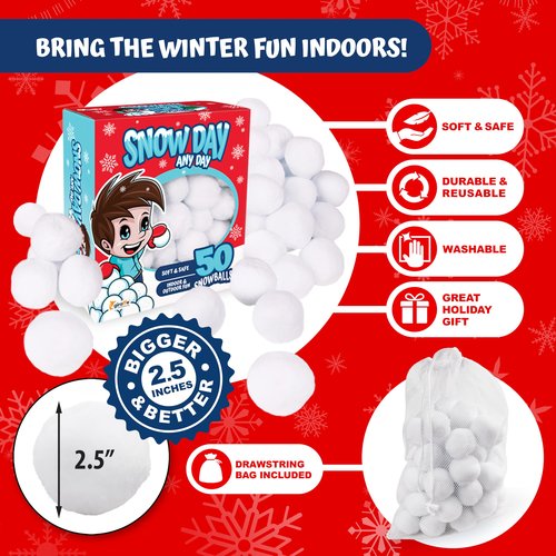 Giraffe 50 Pack Jumbo Fun Fake Snowball for Kids 2.5 Inches - Artificial Snowballs Bulk for Indoor and Outdoor - Snow Ball for Decorations, Winter Toy Games Fights - Fun Christmas Party Activities