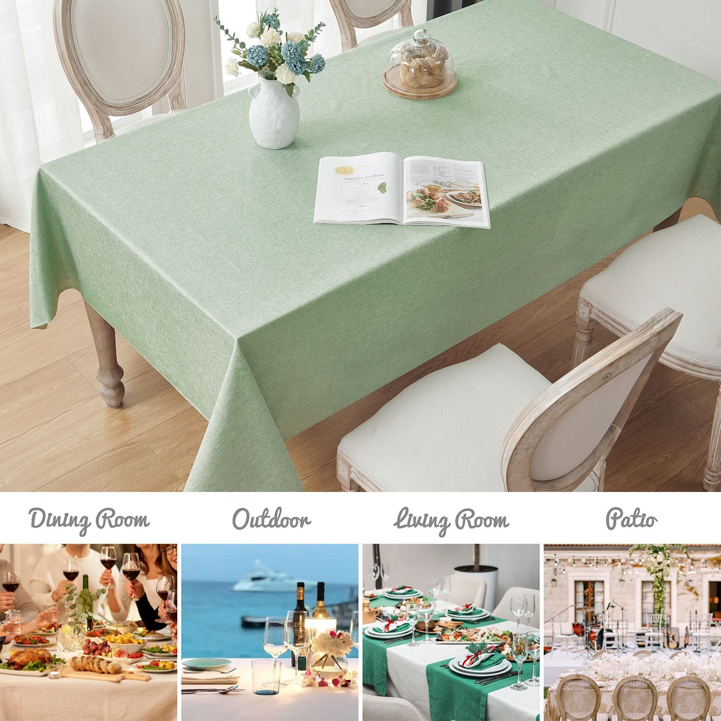 Veblandy 2 Pack Rectangle Tablecloth, 60x104 inch, Water Resistant Wrinkle Free Linen Textured Table Cloth Washable, Decorative Fabric Table Cover for Dining, Party and Camping, Sage Green
