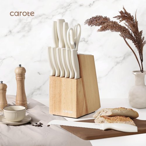 CAROTE 15-Piece Knife Set - Elegant White Ceramic-Coated Blades with Stylish Wooden Block for Modern Kitchens