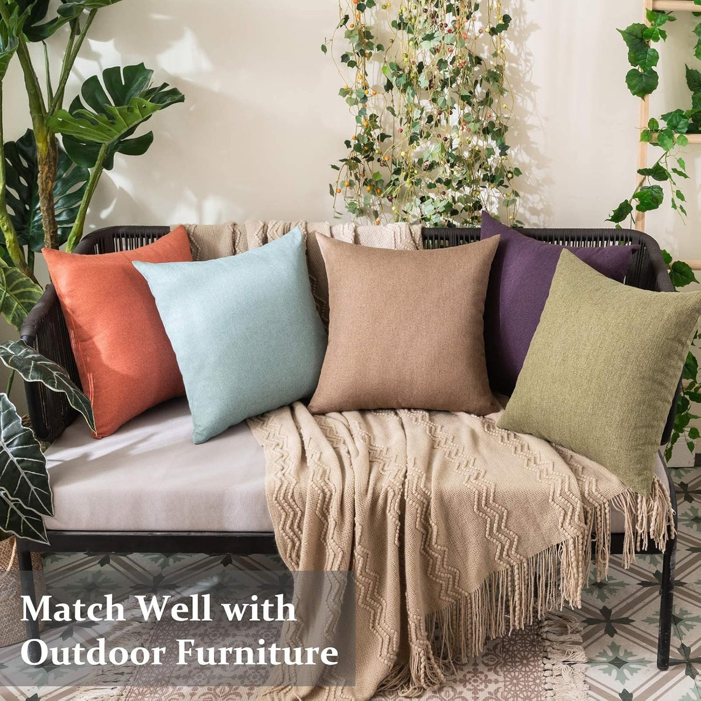 MIULEE Decorative Outdoor Throw Pillow Covers - Waterproof Faux Linen Cushion Cases | 24x24 Inch Dark Green (Pack of 2)