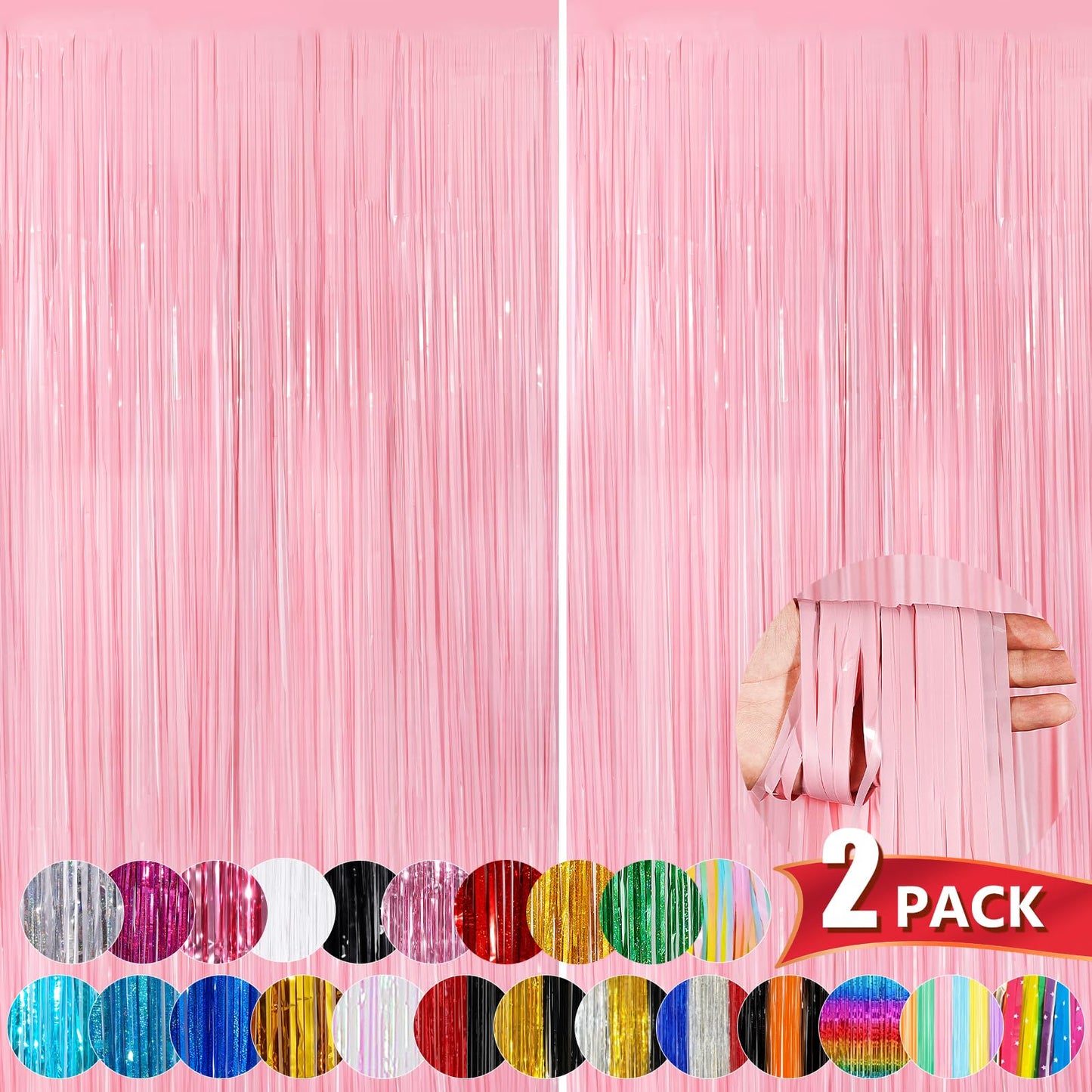 Pastel Pink Metallic Tinsel Foil Fringe Curtains, 2 Pack 3.3x8.3 Feet Tinsel Backdrop for Birthday Wedding Easter Christmas, Pink Fringe Backdrop Foil Curtain for Valentines Day Decorations