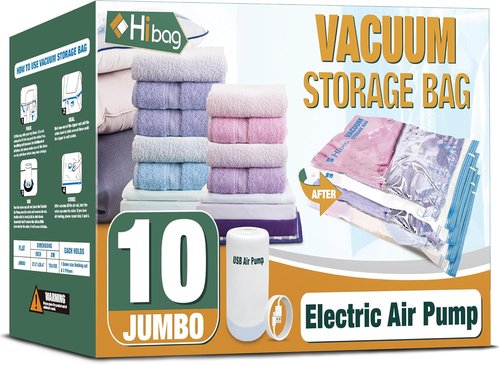 HIBAG Vacuum Storage Bags - Jumbo 10 Pack with Electric Pump for Clothes, Pillows & Bedding