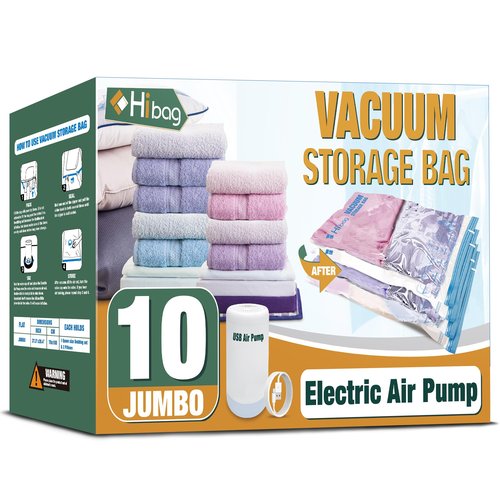 HIBAG Vacuum Storage Bags with Electric Pump, Vacuum Seal Space Saver Bags for Clothes, Clothing, Pillows, Blanket Bedding Comforters, Jumbo 10 pack