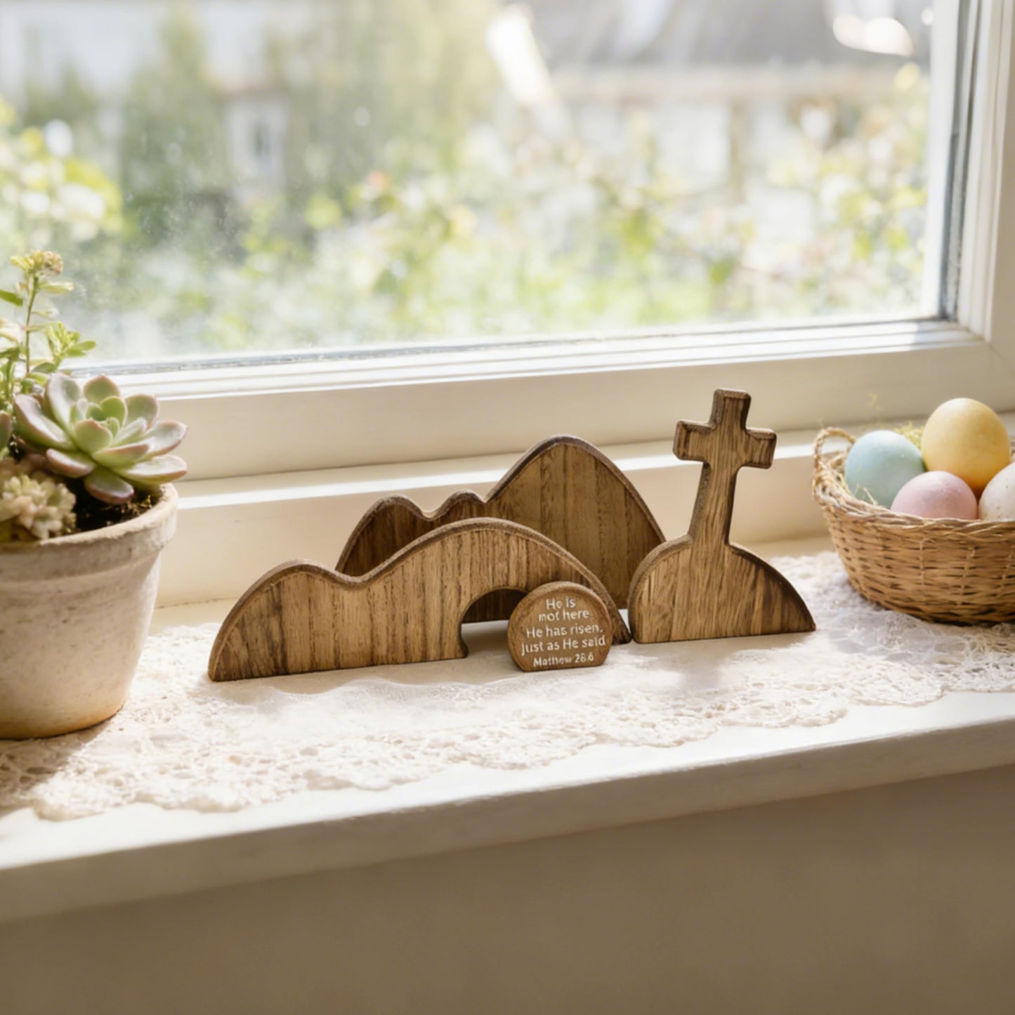 FESTGLOX Wooden Empty Tomb Set with Cross, Empty Tomb Easter Scene for Christian Decoration, Wooden Easter Resurrection Scene for Religious Display, Home Office Tabletop Tray, Church, Shelf Decor