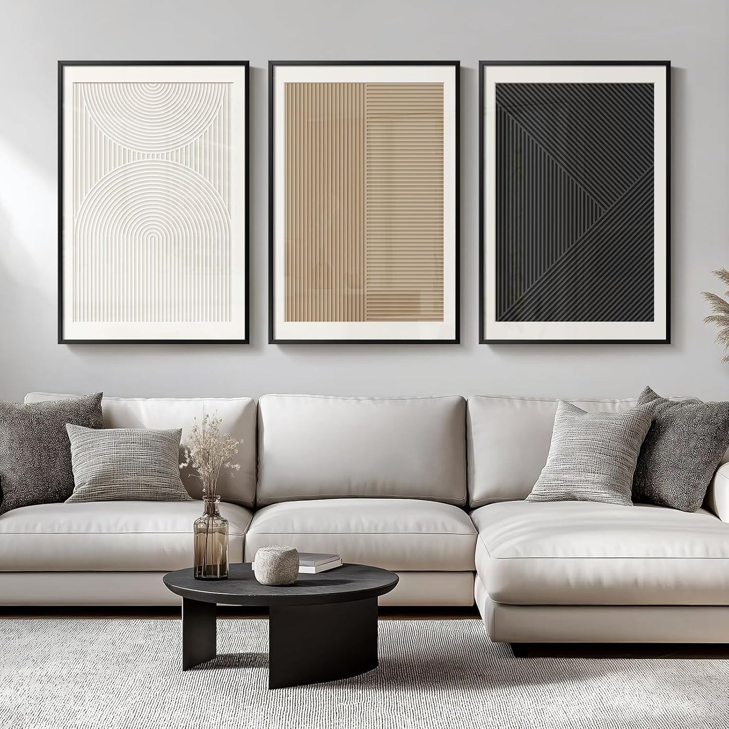 Skiennix Large Black and White Abstract Wall Art - Set of 3 Minimalist Canvas Prints | 24x36 Inch Decor