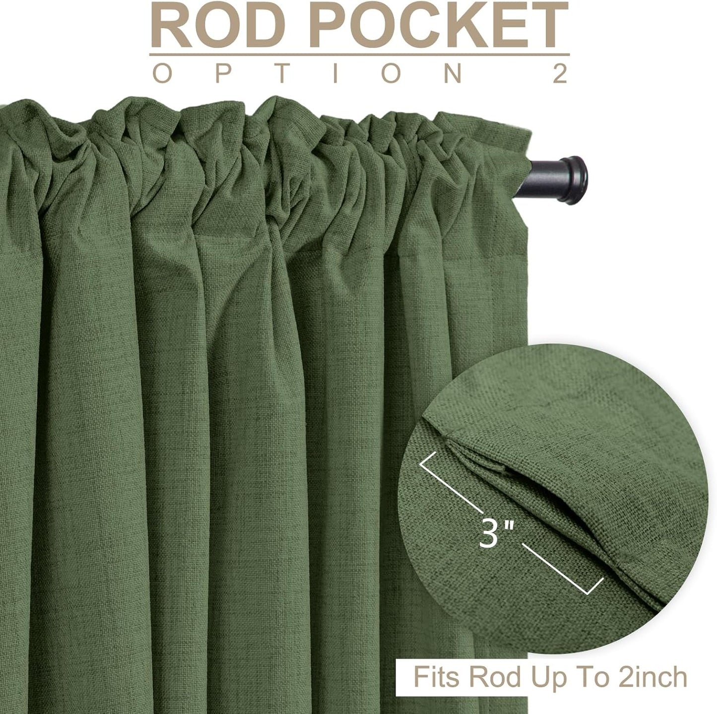 Skiennix 100% Blackout Linen Curtains - Thermal Insulated Drapes, Olive Green, 50" W x 102" L, 2 Panels Set