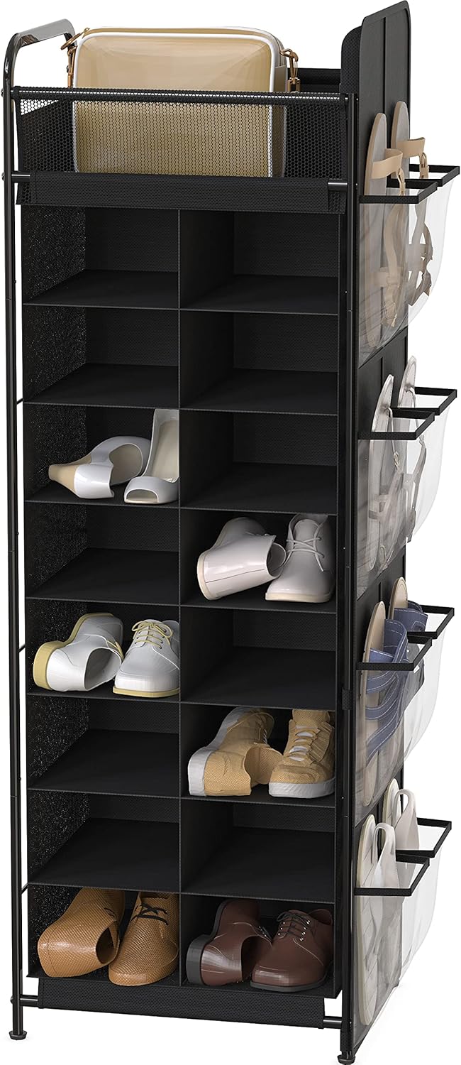 Simple Houseware 16-Cube Shoe Stand Tower Rack - 8-Tier Design with Top Shelf & Side Pockets | Black