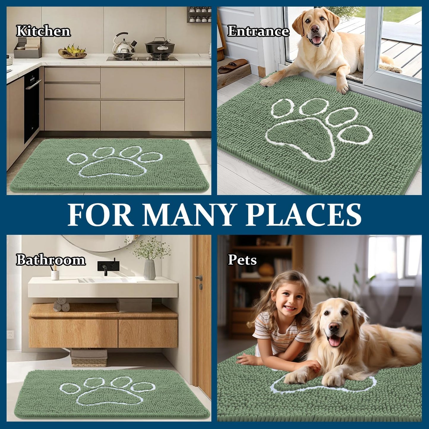 OLANLY Dog Door Mat - Muddy Paws Absorbent Design | Non-Slip Washable Chenille 36x24, Olive Green