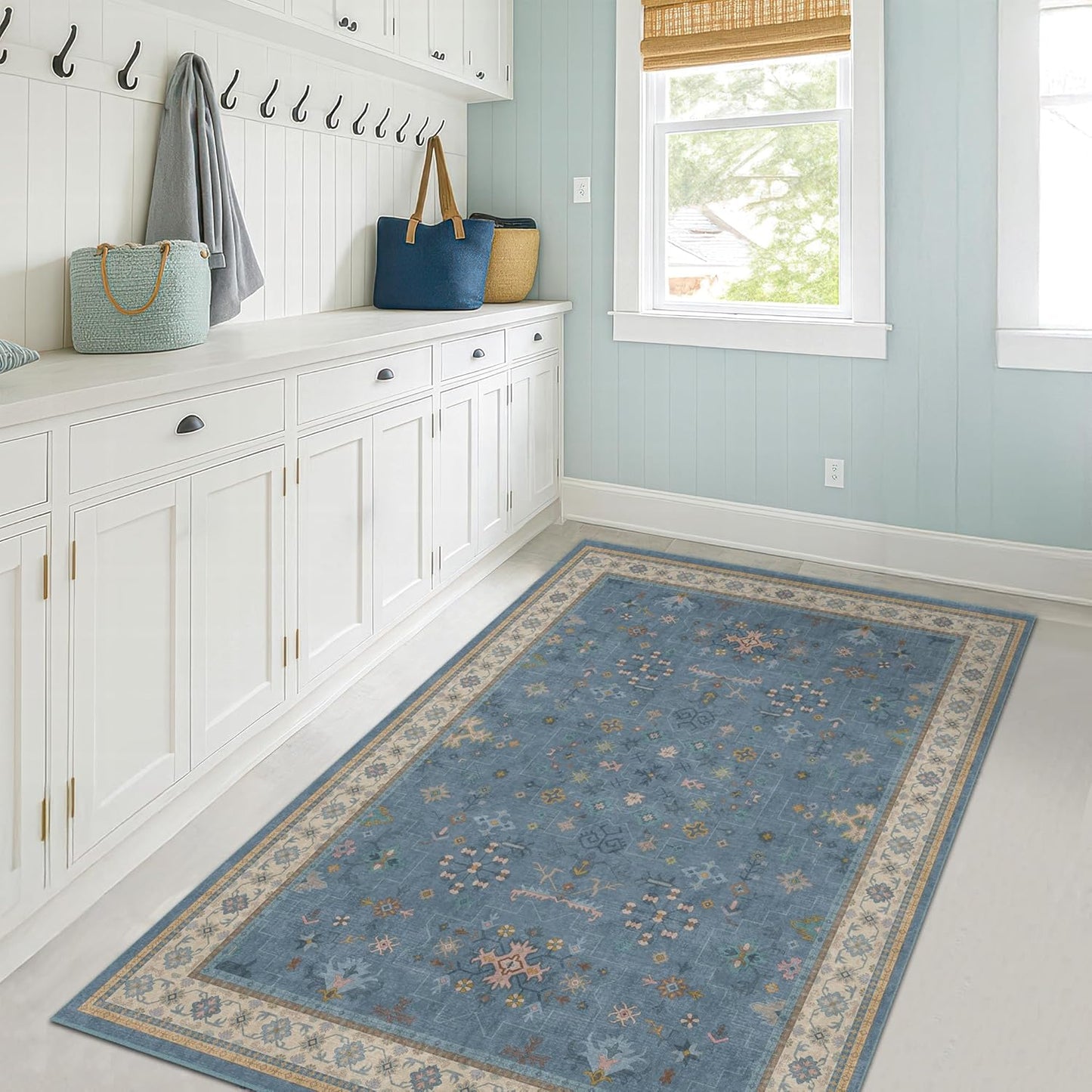 Washable 3x6 Throw Rug by [Brand Name] - Blue Indoor Rug for Kitchen, Entryway, Bedroom | Non-Slip, Low Pile, Fade Resistant