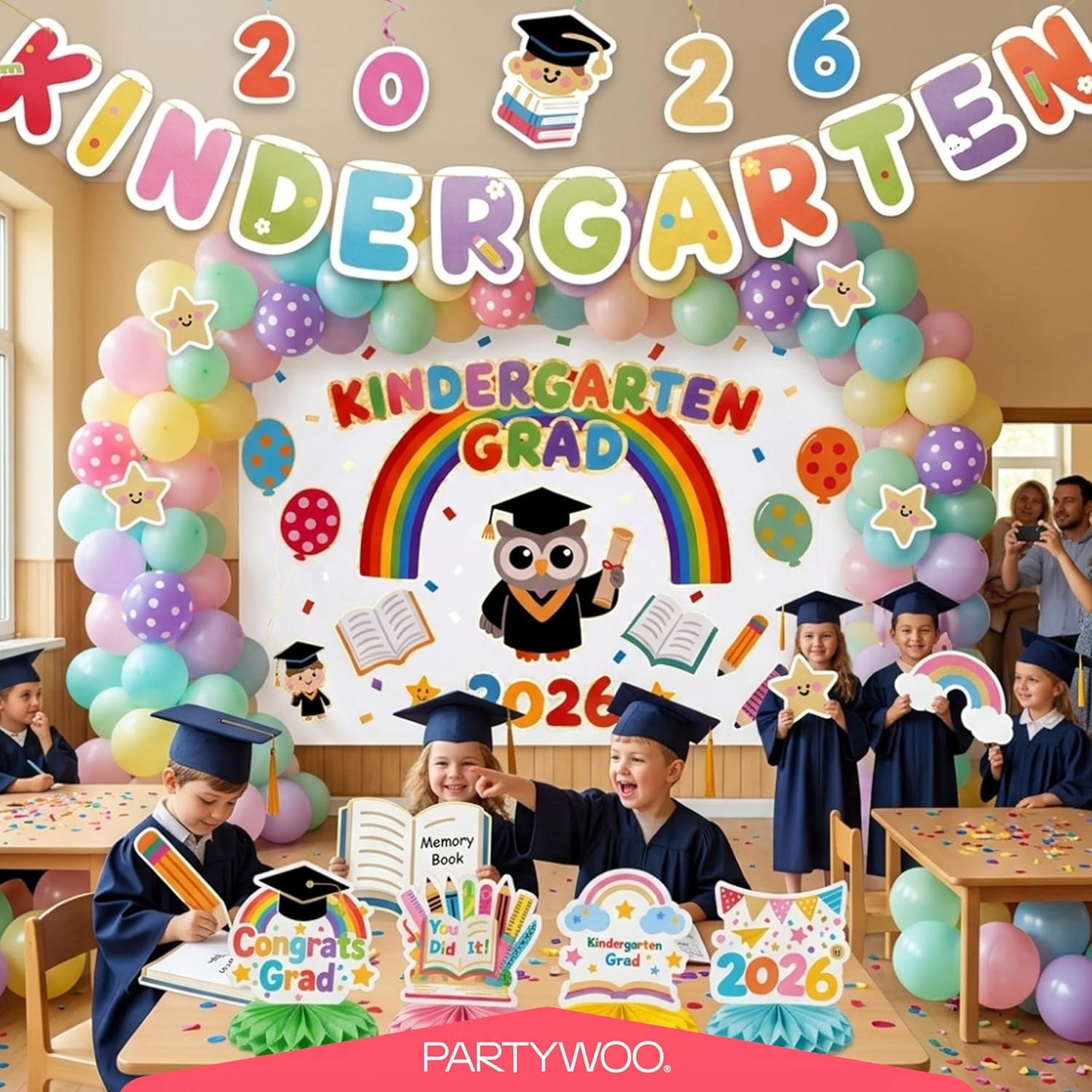 PartyWoo Graduation Decorations - 40pcs Colorful Rainbow Grad Party Supplies | Congrats Grad Banner & Balloons