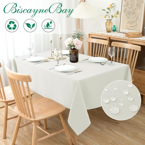 Biscaynebay Textured Fabric Tablecloths 90x156 Inches Rectangular, Ivory Water Resistant Tablecloths for Dining, Kitchen, Wedding, Parties etc. Machine Washable