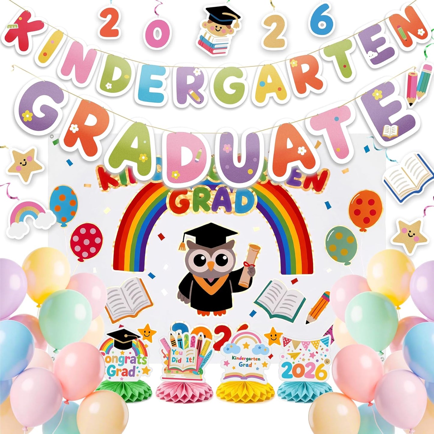 PartyWoo Graduation Decorations - 40pcs Colorful Rainbow Grad Party Supplies | Congrats Grad Banner & Balloons