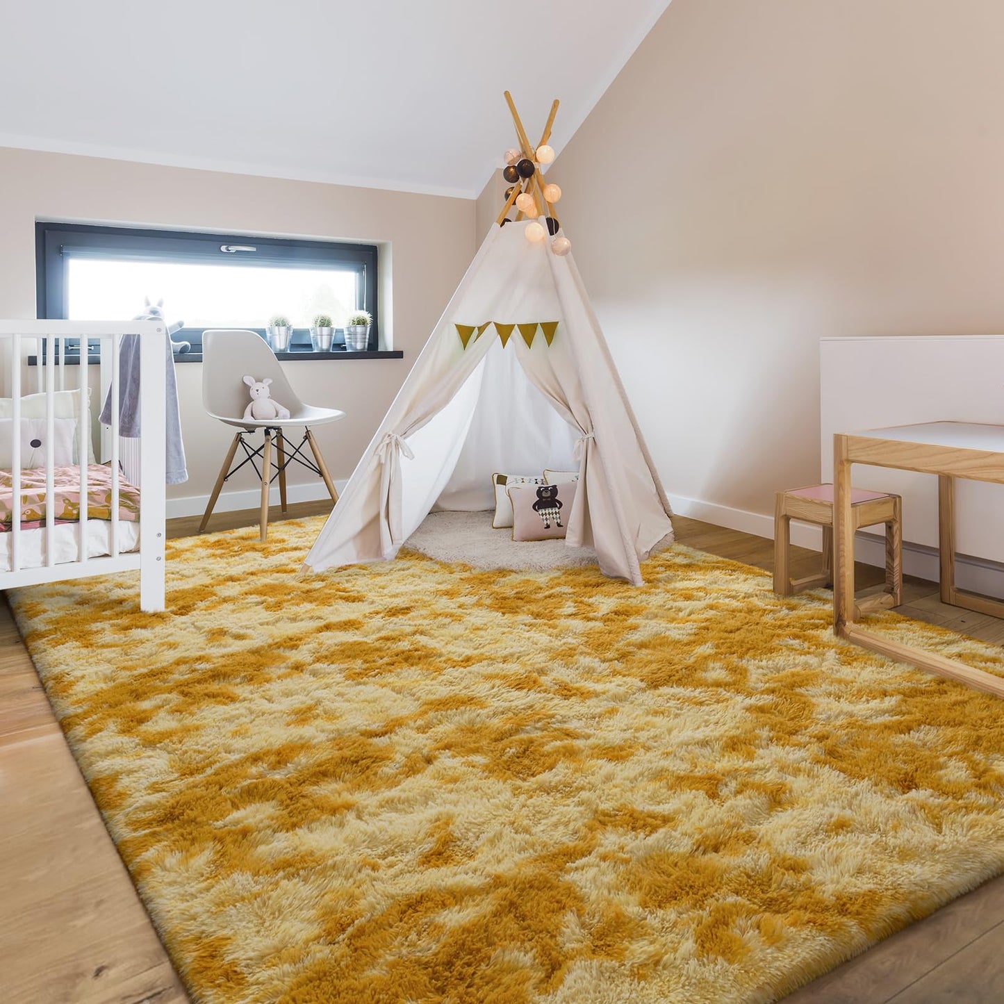 Hutha 5x8 Large Area Rugs for Living Room, Super Soft Fluffy Modern Bedroom Rug, Tie-Dyed Orange Yellow Indoor Shag Fuzzy Carpets for Girls Kids Nursery Room Home Decor