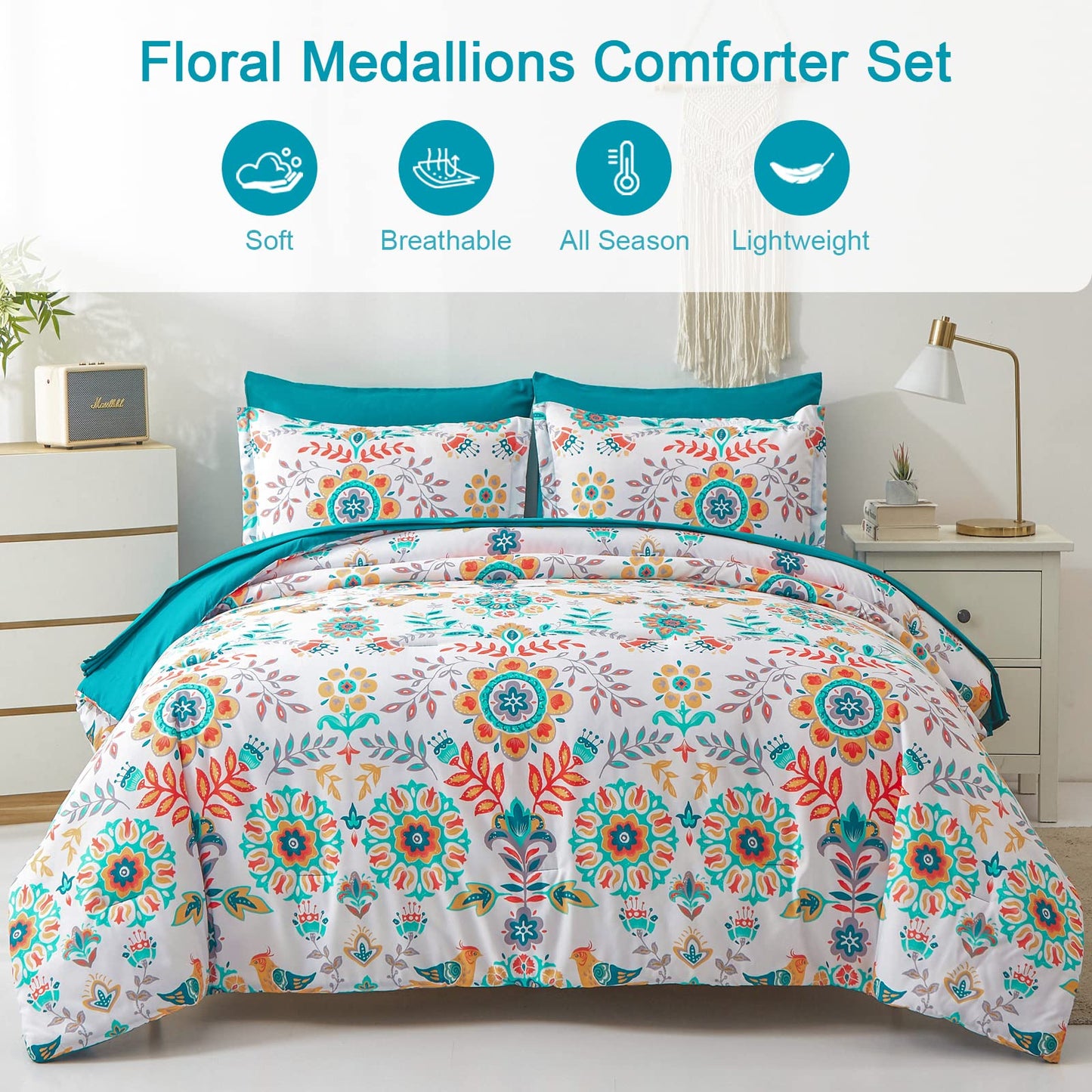DHSFKBE Boho Comforter Set King - 7 Pieces Bed in a Bag Floral Medallions Design, Bohemian Comforter Set with Sheets, Soft Microfiber Complete Bedding Sets All Season (Teal Blue, King)