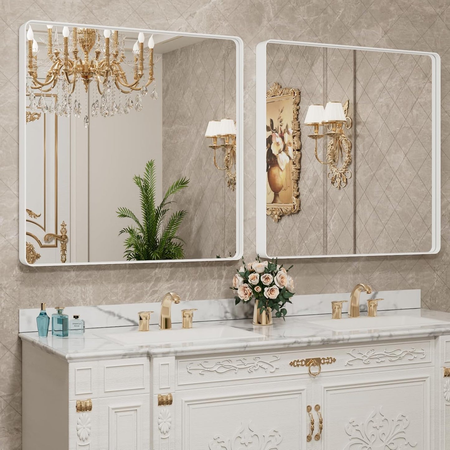 LOAAO Bathroom Mirror - 38x38 Inch White Metal Framed Vanity Mirror | Large Rounded Rectangle, Anti-Rust, Tempered Glass