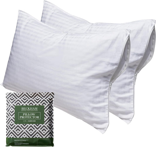 Beckham Hotel Collection Queen Size White Pillow Protectors - Soft, Breathable Cotton, Set of 2