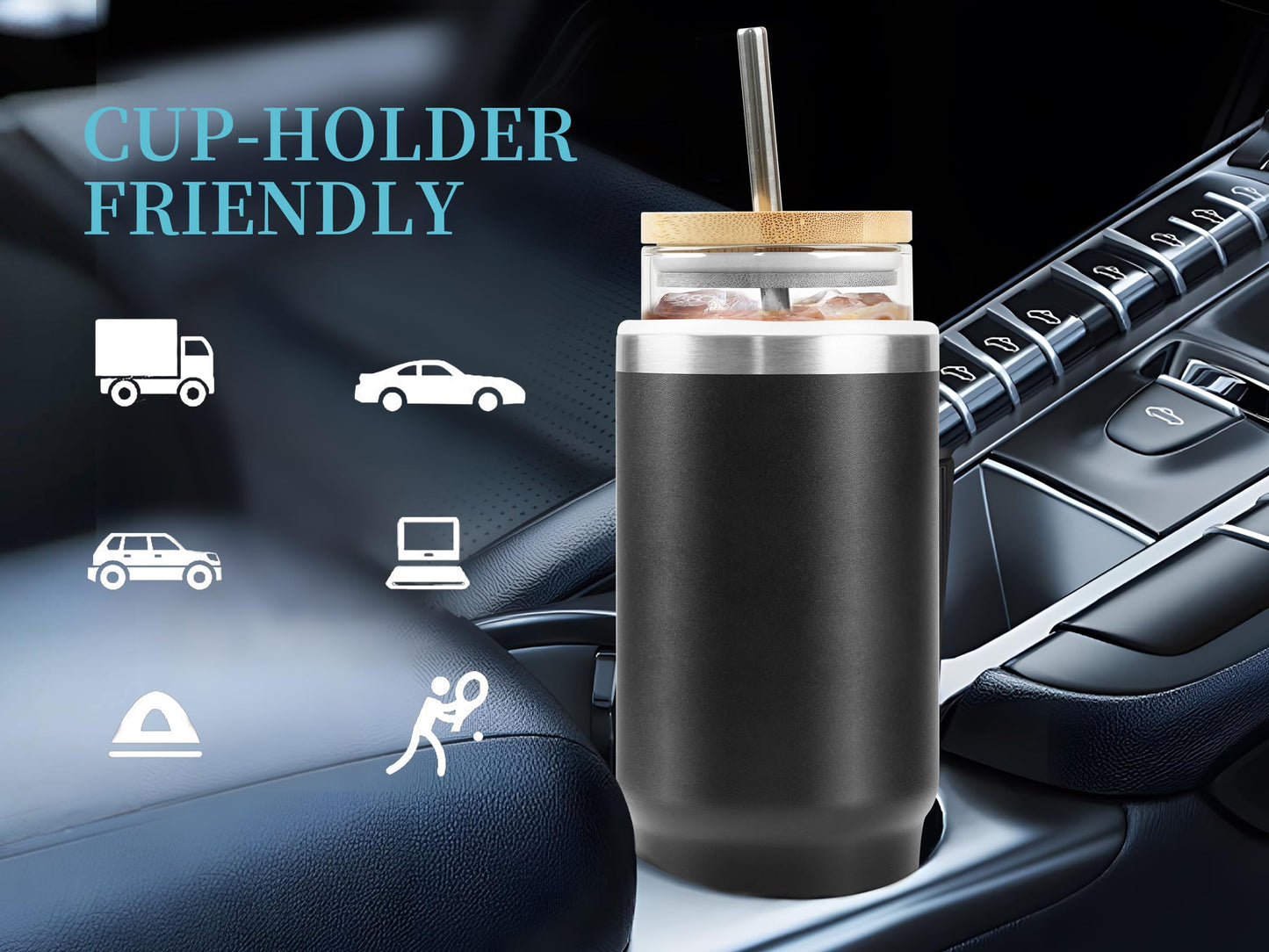 YJGS 30oz Glass Tumbler with Lid and Straw, Insulated Tumbler with Glass Insert, Iced Coffee Cup Reusable Water Bottle Travel Coffee Mug, Water Tumbler with Straw, Sweat Proof & BPA Free