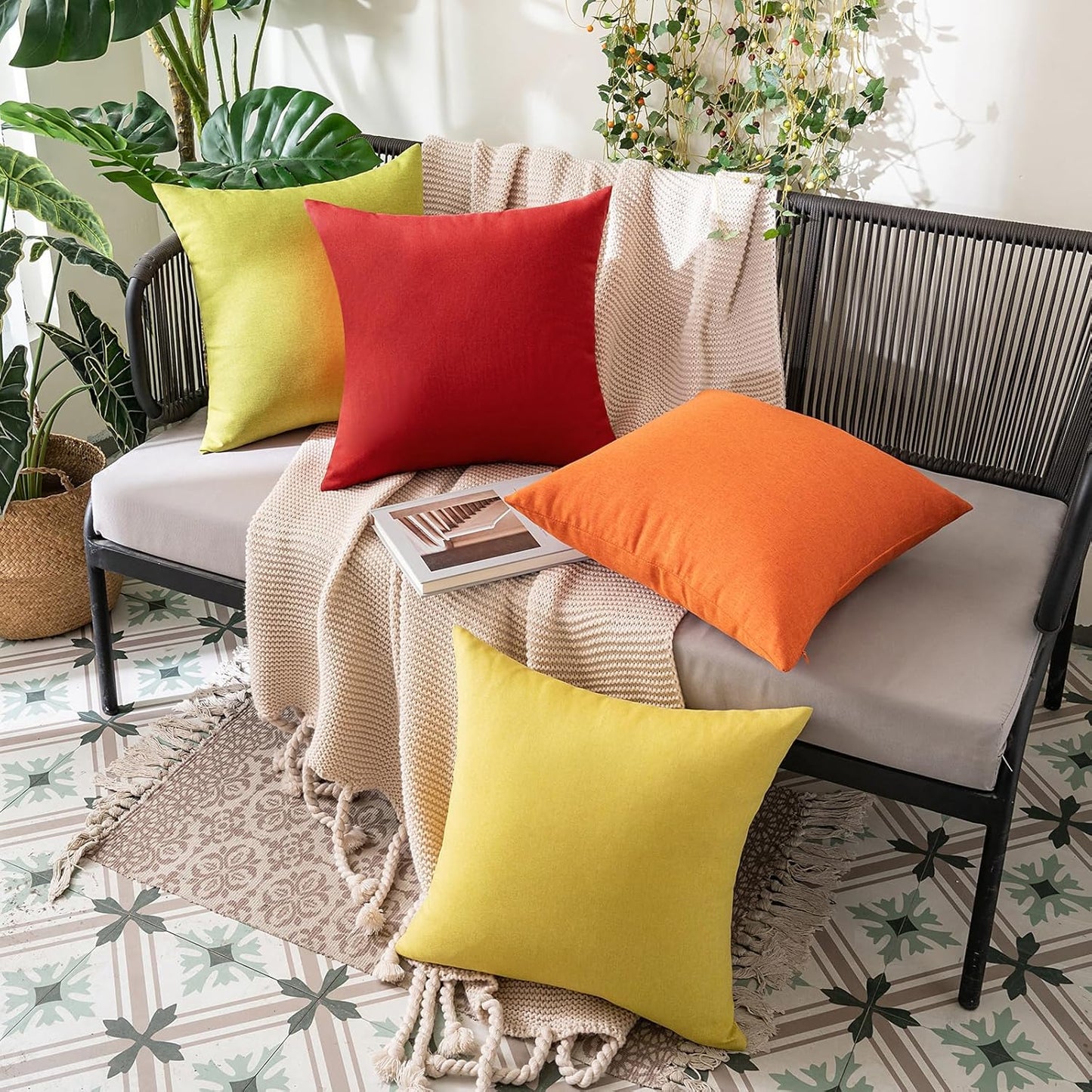 MIULEE Decorative Outdoor Throw Pillow Covers - Waterproof Faux Linen Cushion Cases | 12x12 Inch Red, Set of 2