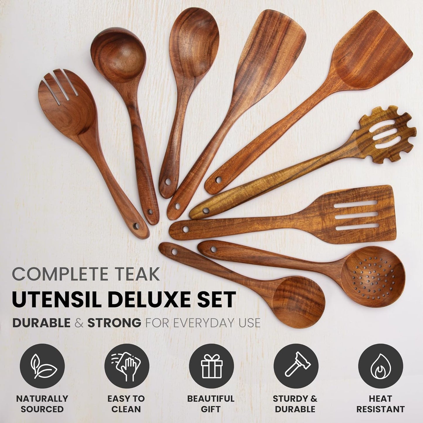 Zulay Kitchen 9-Piece Teak Wooden Utensil Set - Natural Non-Stick Cooking Tools in Premium Gift Box