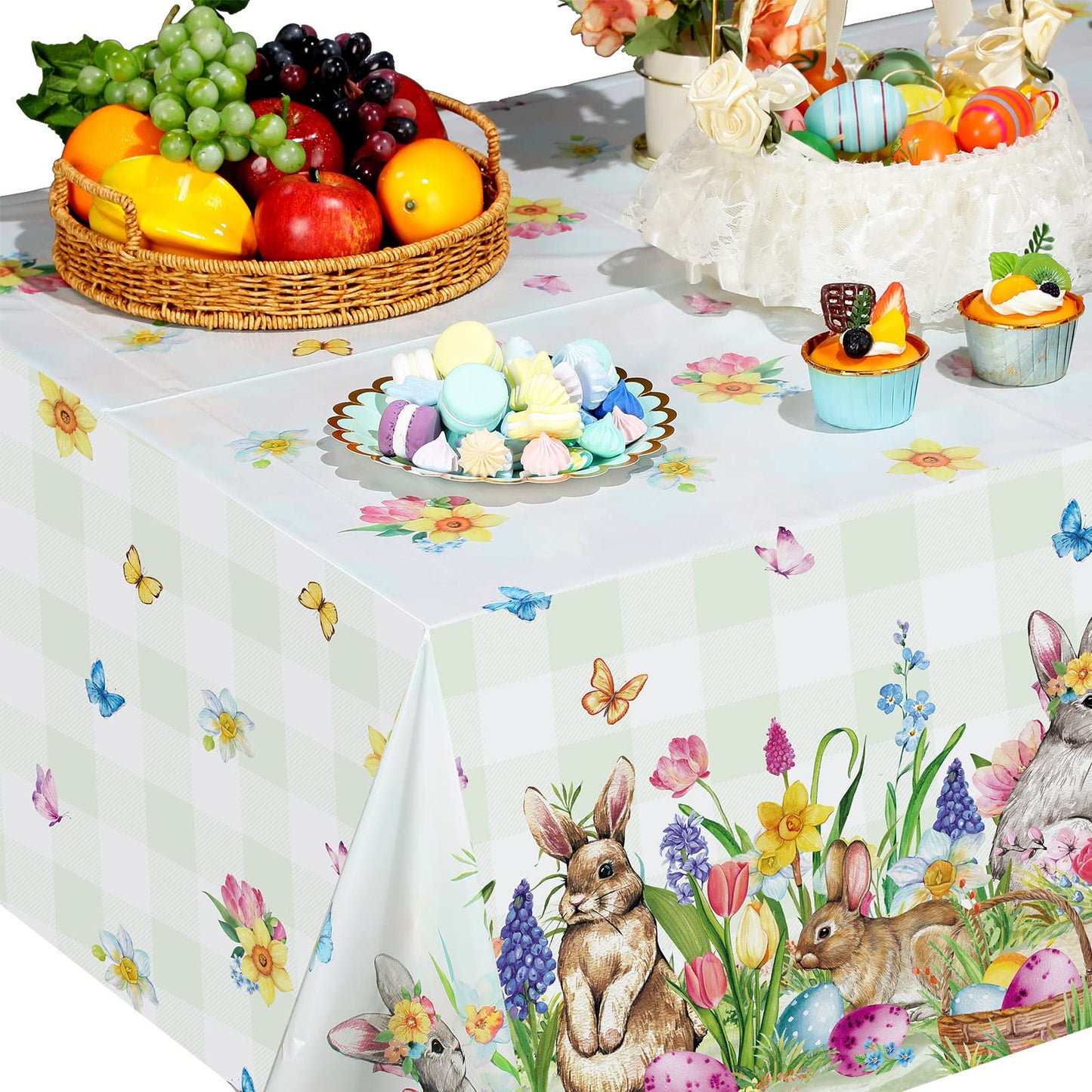 Riakrum 3 Pcs Easter Tablecloth Rectangle Plastic Bunny Eggs Table Cover Floral Table Cloth for Happy Easter Spring Holiday Party Decoration and Supplies, 54 x 108 Inch (Floral Bunny)