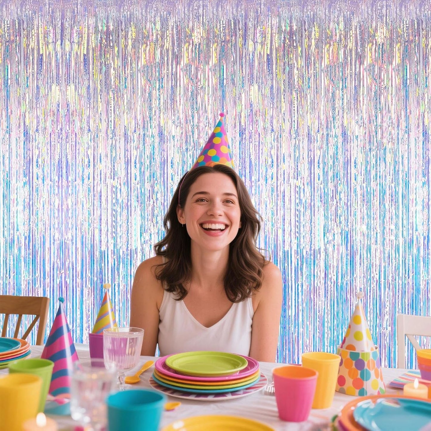 Sparkling Iridescent Party Decorations | Fringe Backdrop Tinsel Curtains - 3.28x6.56ft, 2 Packs