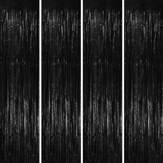 Voircoloria 4 Pack Black Foil Fringe Backdrop Curtains, Tinsel Streamers Birthday Party Decorations, Fringe Backdrop for Graduation, Baby Shower, Gender Reveal, Disco Party
