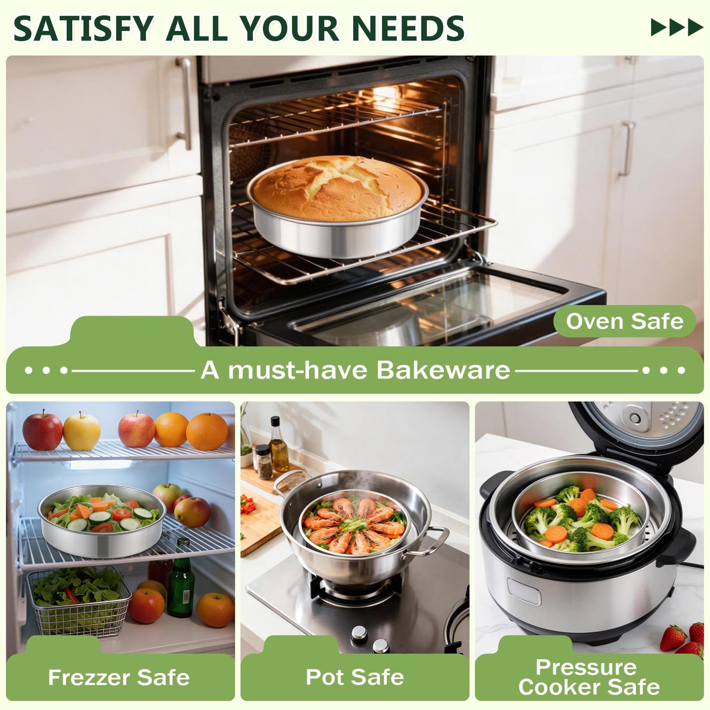 P&P CHEF 9 Inch Cake Pan Set of 3, 3 Pieces Round Layer Cake Baking Pans, Stainless Steel Smash Cake Tin Bakeware for Cooking Steaming, Nontoxic & Sturdy, Oven & Dishwasher Safe