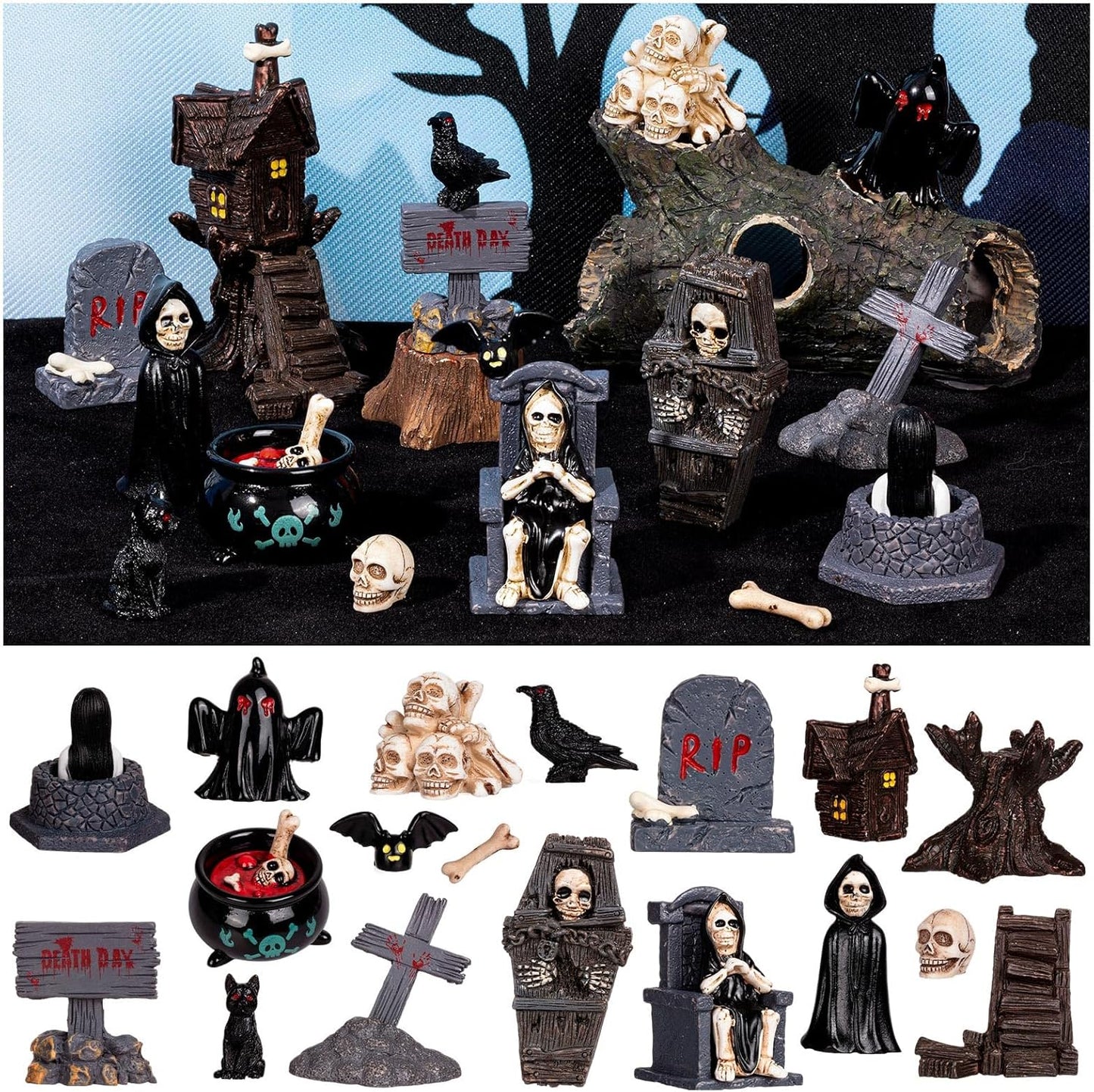 Skiennix 19-Piece Halloween Mini Figurines Set - Resin Skull Heads, Crow & Tombstone Ornaments for Home Decor