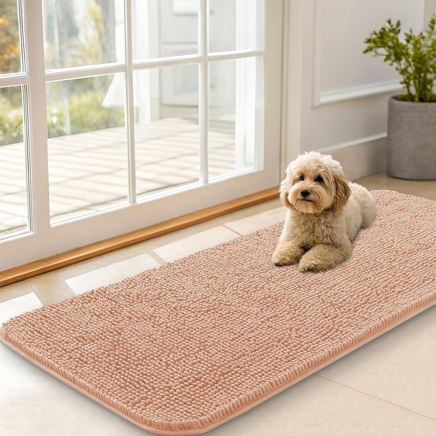 OLANLY Dog Door Mat - Absorbent Non-Slip Chenille Mud Mat for Muddy Paws | 47x20, Quick Dry, Peach