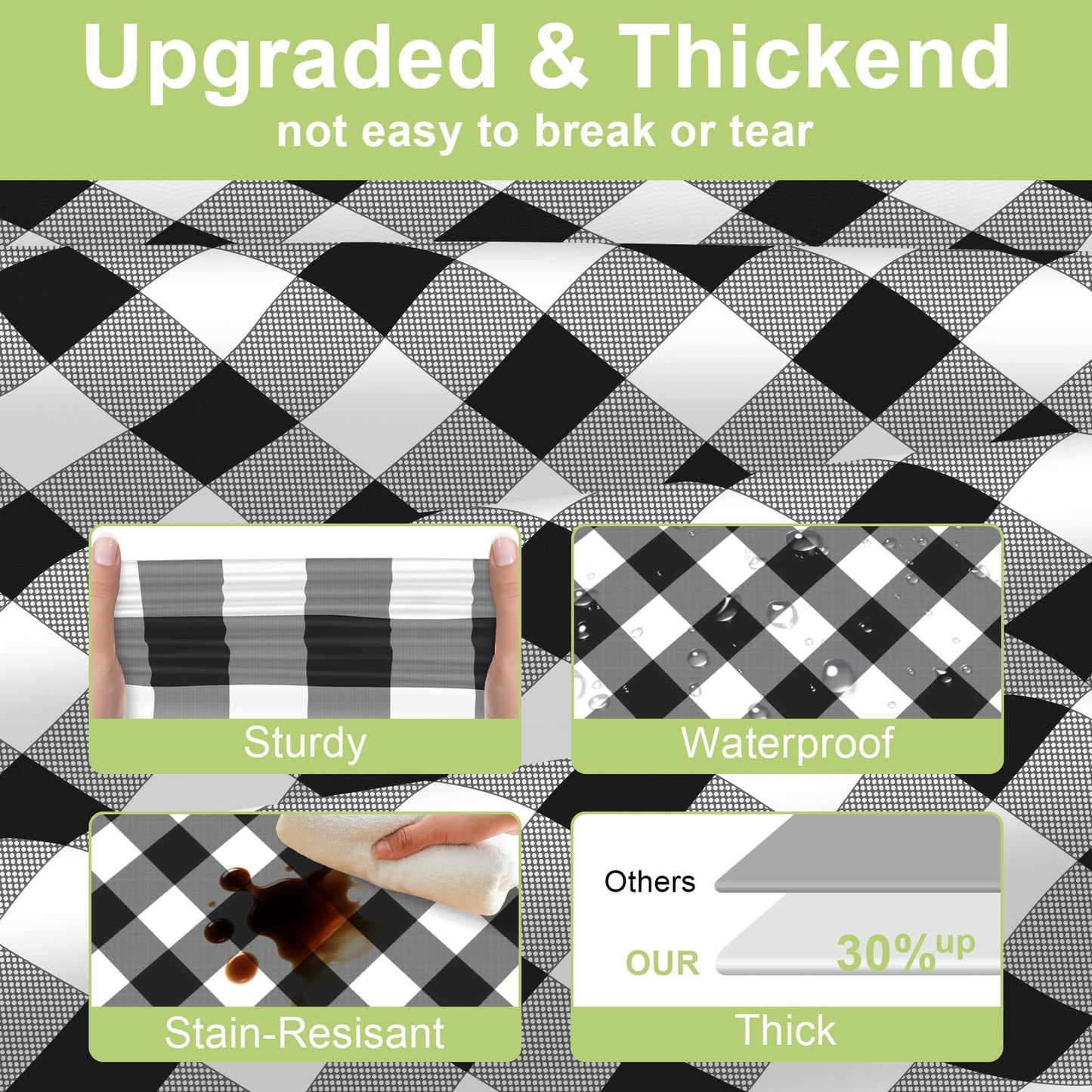 QIKSION Black Gingham Tablecloth Disposable 2 Pack, 54 x 108 Inch Black and White Checkered Table Cloth for Picnic, Outdoor BBQ Decorations, Birthday Party Supplies, Rectangle, Plastic Table Cover