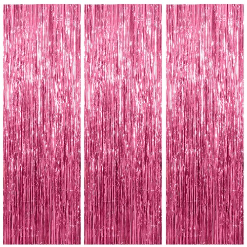 3 Pack Pink Backdrop Birthday Party Decorations Tinsel Foil Fringe Curtains Backdrop Streamer Bachelorette Christmas Graduation Wedding Princess Pink Theme Party Decorations