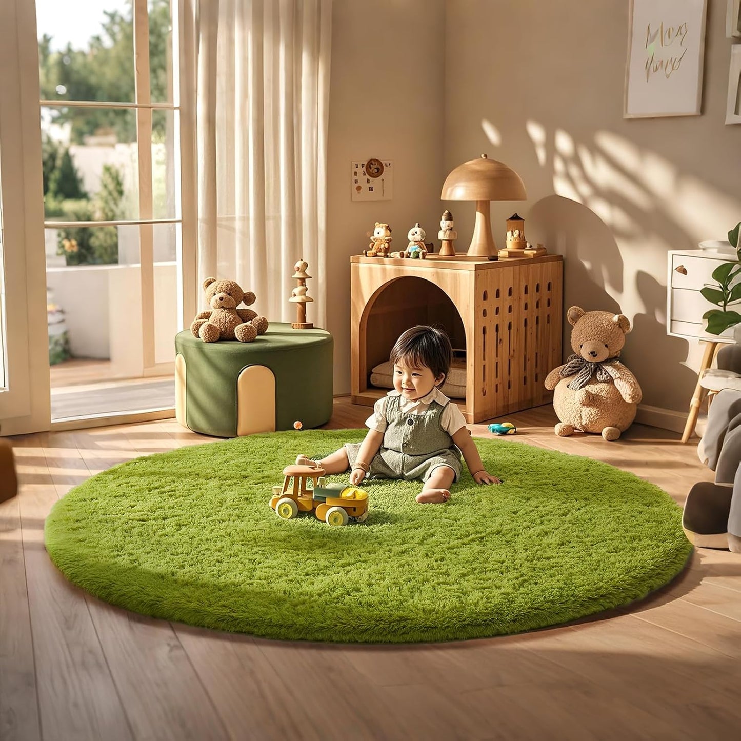 Ophanie Round Rug - 6Ft Green Circle Area Rug | Plush Soft Shaggy Carpet for Kids' Rooms & Nurseries