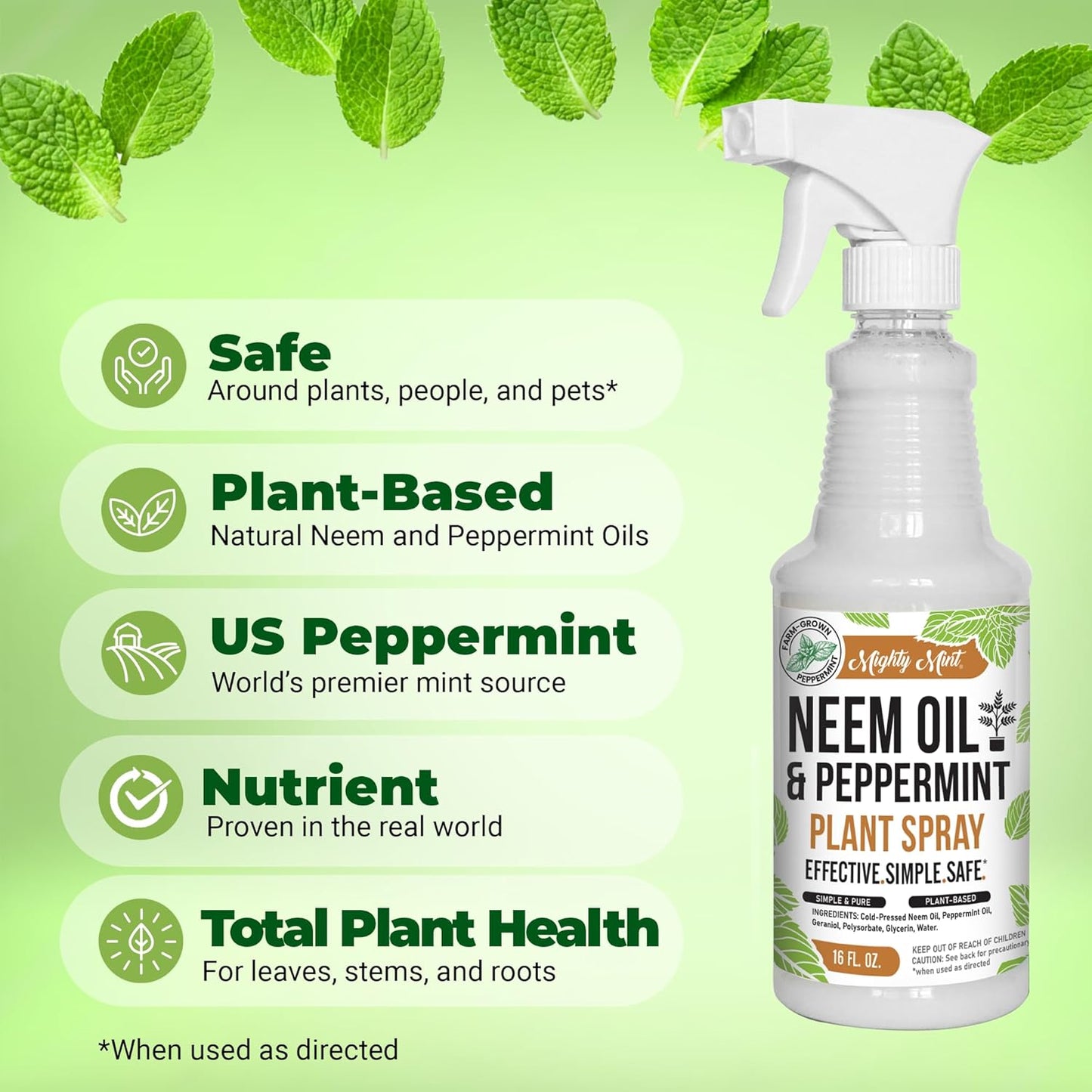 Mighty Mint Neem Oil & Peppermint Plant Nutrient Spray - Natural Leaf Shine for Healthy Plants | 16 oz